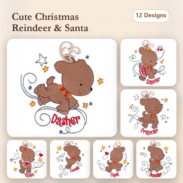 Cute Christmas Reindeer & Santa Embroidery Designs Bundle – Dasher, Rudolph, Santa with Gifts & More (12 Designs)