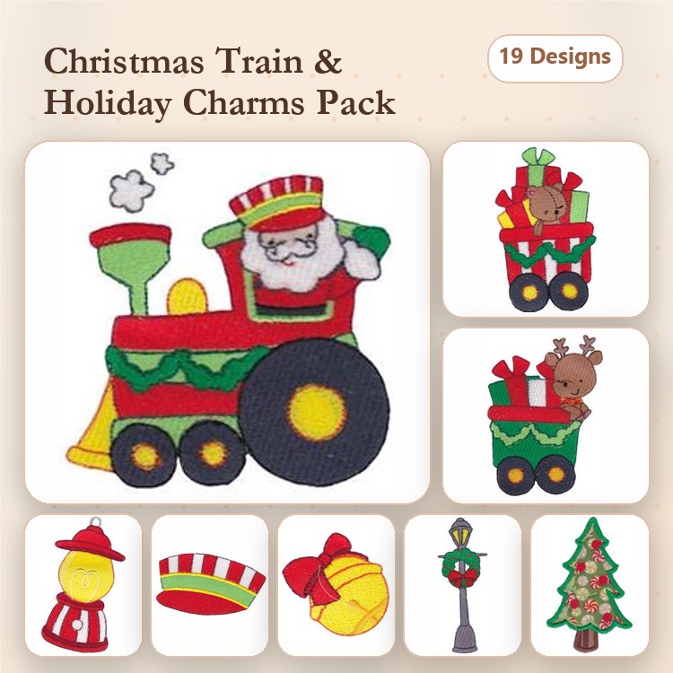 Christmas Train and Holiday Charms Embroidery Bundle – Santa Train, Gift Stack, Reindeer with Gifts & More (19 Designs)