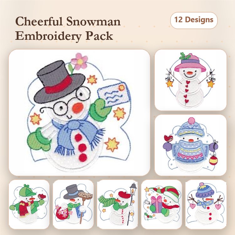 Applique Cheerful Snowman Embroidery Bundle – Snowman with Hat and Scarf, Snowman with Heart, & More (12 Designs)