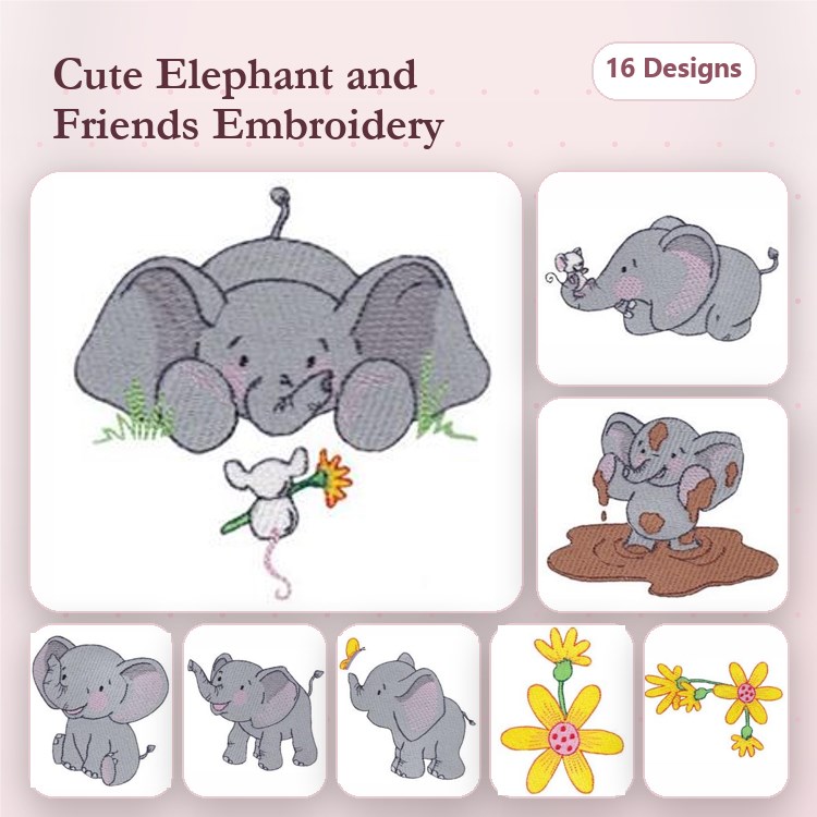 Cute Elephant Embroidery Designs Bundle – Elephant with Flower, Elephant Playing in Mud, Elephant with Mouse & More (16 Designs)