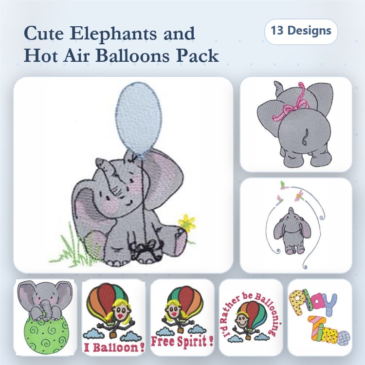 Elephants & Hot Air Balloons Embroidery Designs Bundle – Elephant with Balloon, I'd Rather Be Ballooning & More (13 Designs)