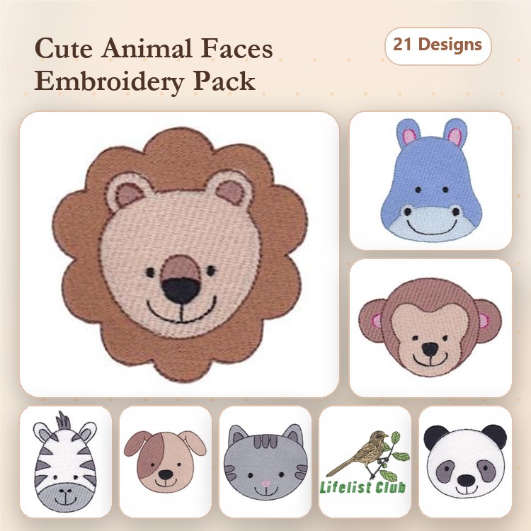 Animal Faces Embroidery Bundle – Cute Sheep, Bear, Chicken & More (21 Designs)