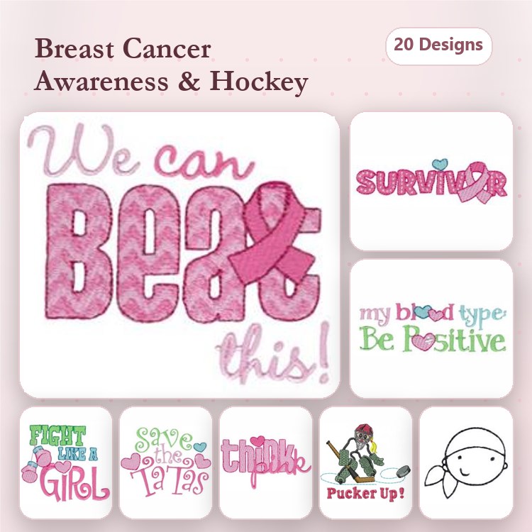 Breast Cancer Awareness & Hockey Embroidery Designs Bundle – We can BEAT this!, SURVIVOR, FIGHT like a Girl & More (20 Designs)