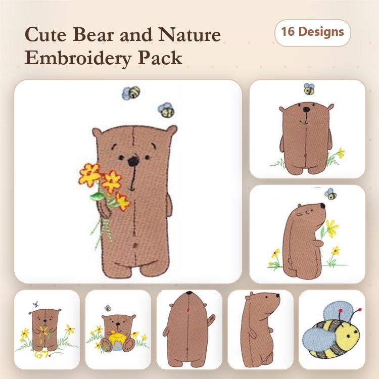 Bear and Nature Embroidery Bundle – Bear with Flowers, Bear with Bees, Bear with Butterfly & More (16 Designs)