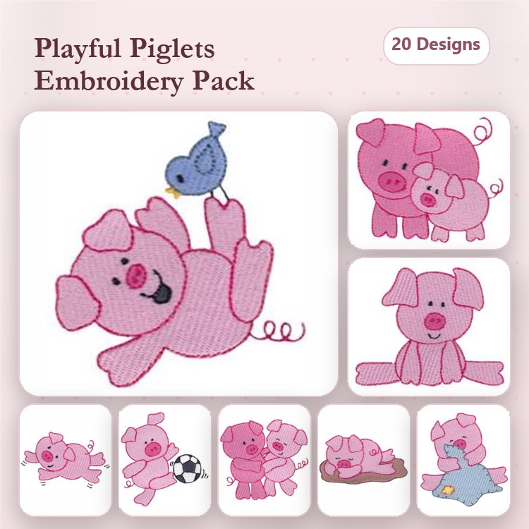 Farm Animal Embroidery Designs Bundle – Pig with Bird, Happy Pig, Couple of Pigs & More (20 Designs)