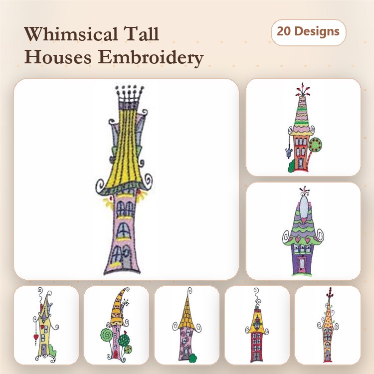 Whimsical Tall Houses Embroidery Designs Bundle – Tall House with Yellow Roof, Green Roof, Flowers & More (20 Designs)