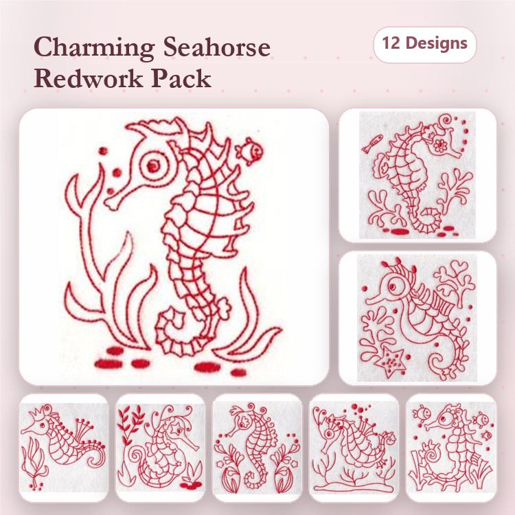 Redwork Seahorse Embroidery Designs Bundle – Seahorse with Coral, Seahorse with Seaweed, Seahorse with Bubbles & More (12 Designs)