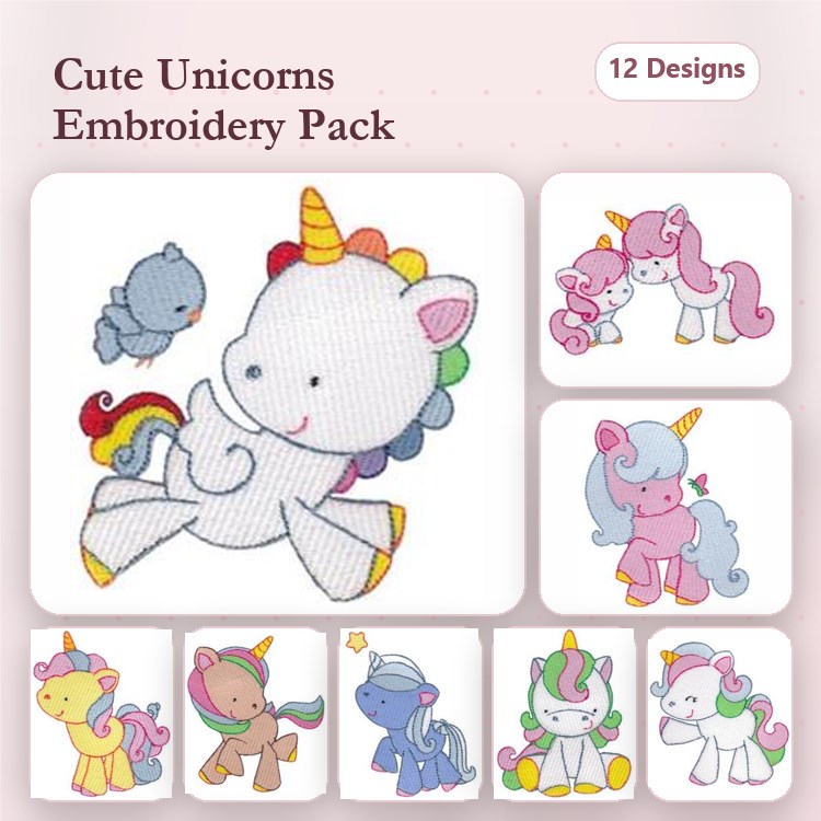 Cute Unicorns Embroidery Designs Bundle – Happy Unicorn, Unicorn with Bird, Hugging Unicorns & More (12 Designs)