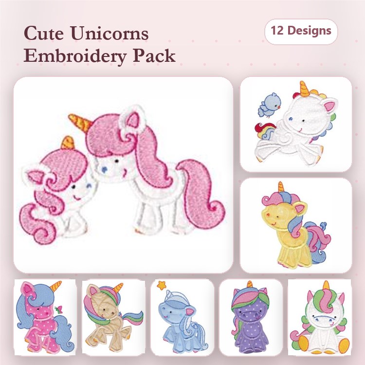 Applique Cute Unicorns Embroidery Designs Bundle – Unicorn Couple, Rainbow Unicorn, Happy Unicorn & More (12 Designs)