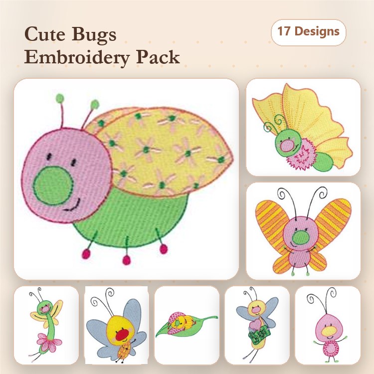 Cute Bug Embroidery Bundle – Snail, Butterfly, Ladybug & More (17 Designs)