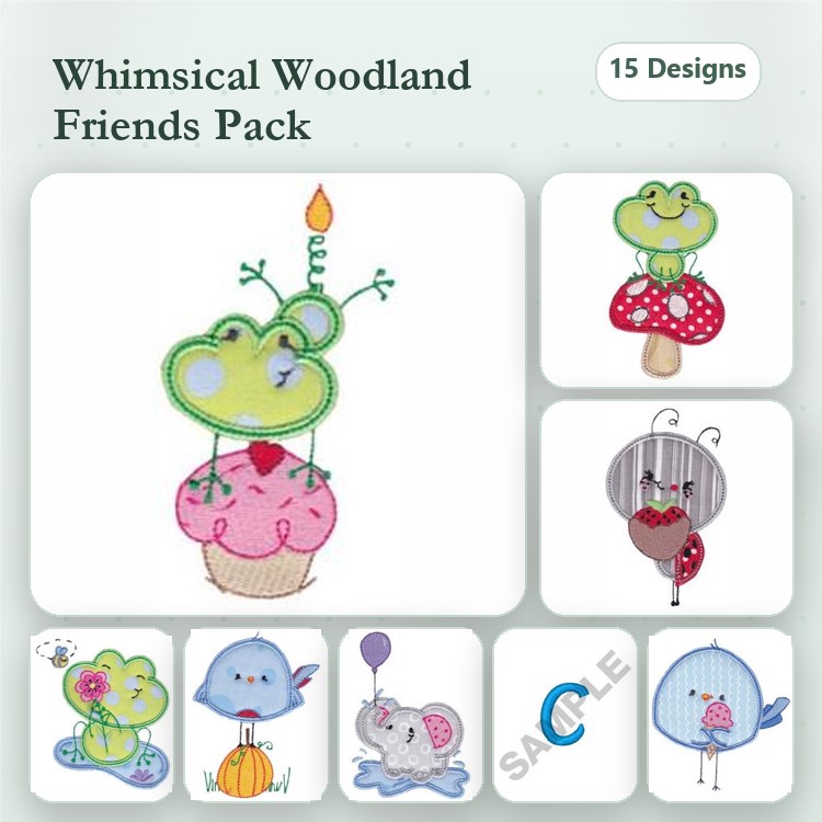 Whimsical Woodland Characters Embroidery Bundle – Frog with Cupcake, Mouse with Balloon, Bird with Flower & More (15 Designs)