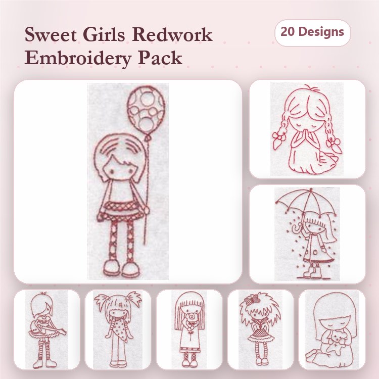 Redwork Girls Embroidery Designs Bundle – Girl with Balloon, Girl with Umbrella, Girl with Hair Bows & More (20 Designs)