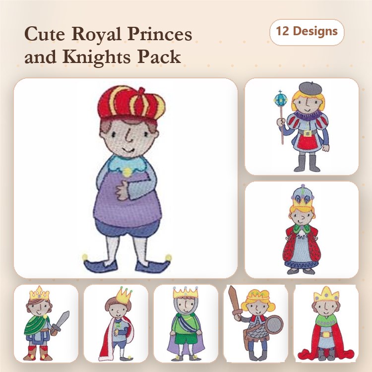 Royal Princes and Knights Embroidery Bundle – Prince with Crown, King with Robe, Knight with Sword & More (12 Designs)