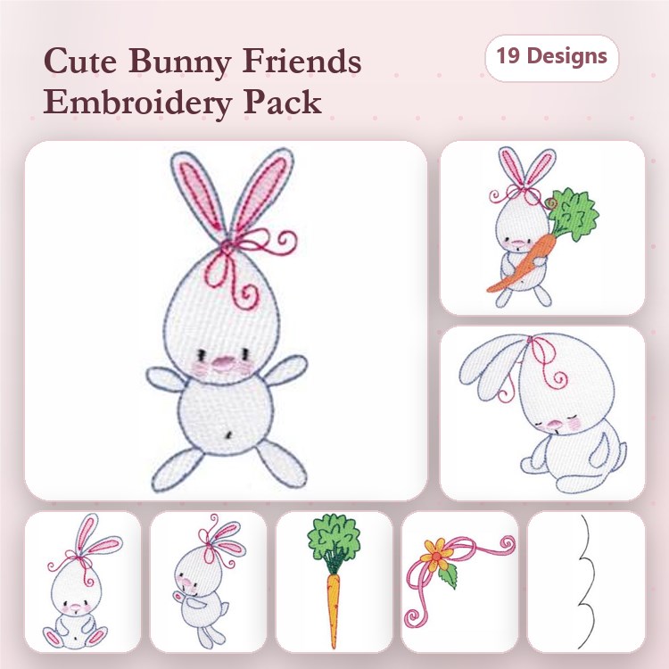 Redwork Bunny Characters Embroidery Bundle – Bunny with Ribbon, Bunny Holding Carrot & More (19 Designs)
