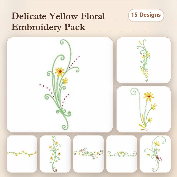 Floral Embroidery Designs Bundle – Delicate Floral Vine with Yellow Flowers, Elegant Vine with Blossoms & More (15 Designs)