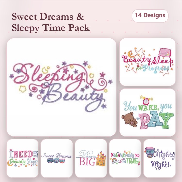 Sleep Themes Embroidery Designs Bundle – Sleeping Beauty, Sweet Dreams, Mighty Night & More (14 Designs)