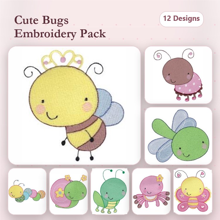 Cute Insects Embroidery Designs Bundle – Queen Bee, Happy Ladybug, Joyful Bug & More (12 Designs)