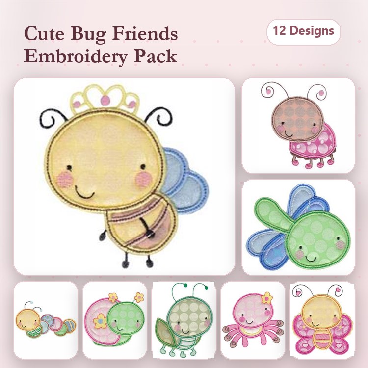 Applique Cute Bug Characters Embroidery Bundle – Bee with Crown, Ladybug, Dragonfly & More (12 Designs)