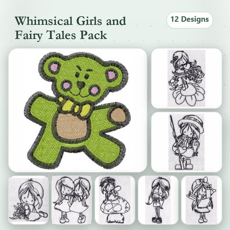 Redwork Whimsical Girls & Fairy Tales Embroidery Designs Bundle – Green Bear, Fairy Girl with Flowers, Girl with Sword & More (12 Designs)
