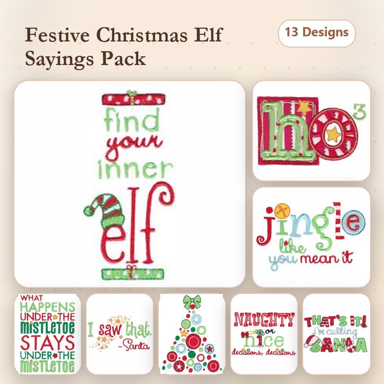Christmas Elf Sayings Embroidery Bundle – Find Your Inner Elf, Ho Ho Ho, Naughty Nice & More (13 Designs)