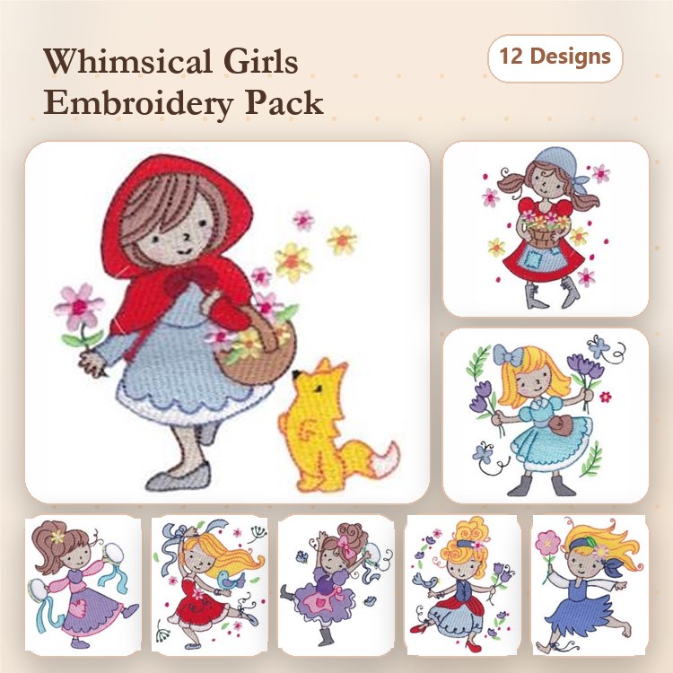 Whimsical Girls Embroidery Designs Bundle – Girl in Red Riding Hood, Gardener Girl, Fairy Girl & More (12 Designs)