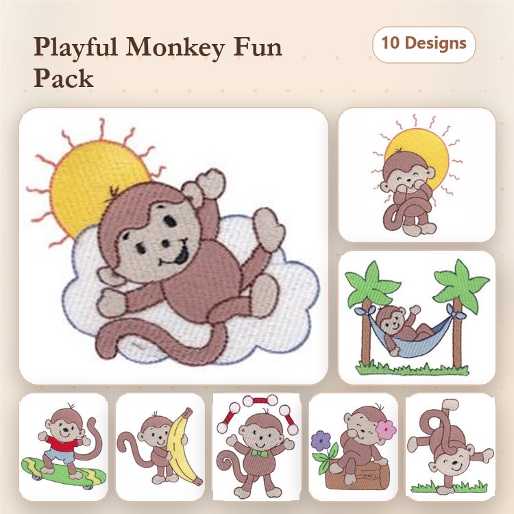 Playful Monkeys Embroidery Bundle – Monkey on Cloud, Monkey in Hammock, Monkey Holding Banana & More (10 Designs)