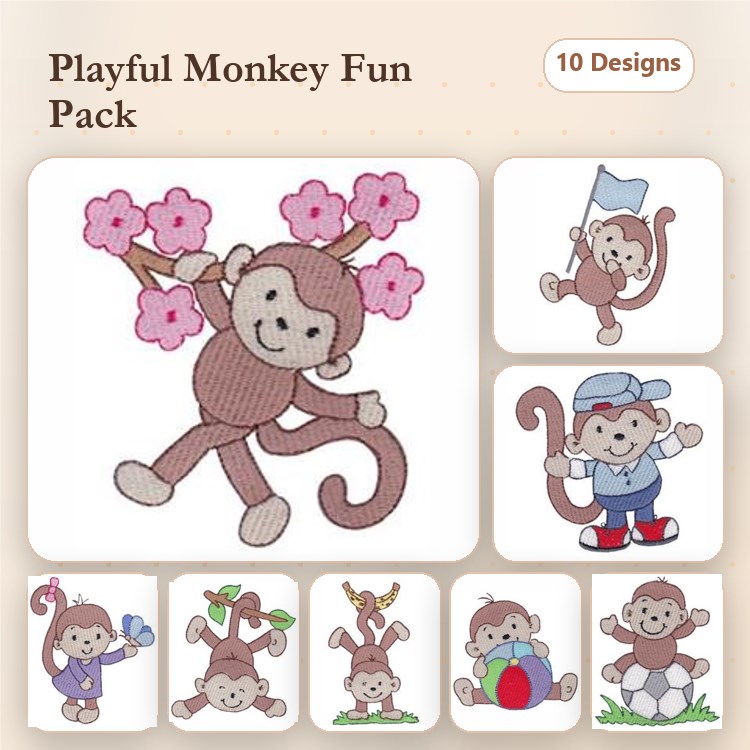 Monkey Embroidery Designs Bundle – Monkey with Cherry Blossoms, Monkey Holding Balloon & More (10 Designs)