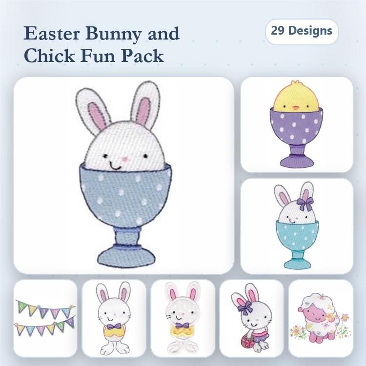 Easter Bunny & Chick Embroidery Designs Bundle – Bunny in Egg Cup, Chick in Egg Cup, Easter Garland & More (29 Designs)