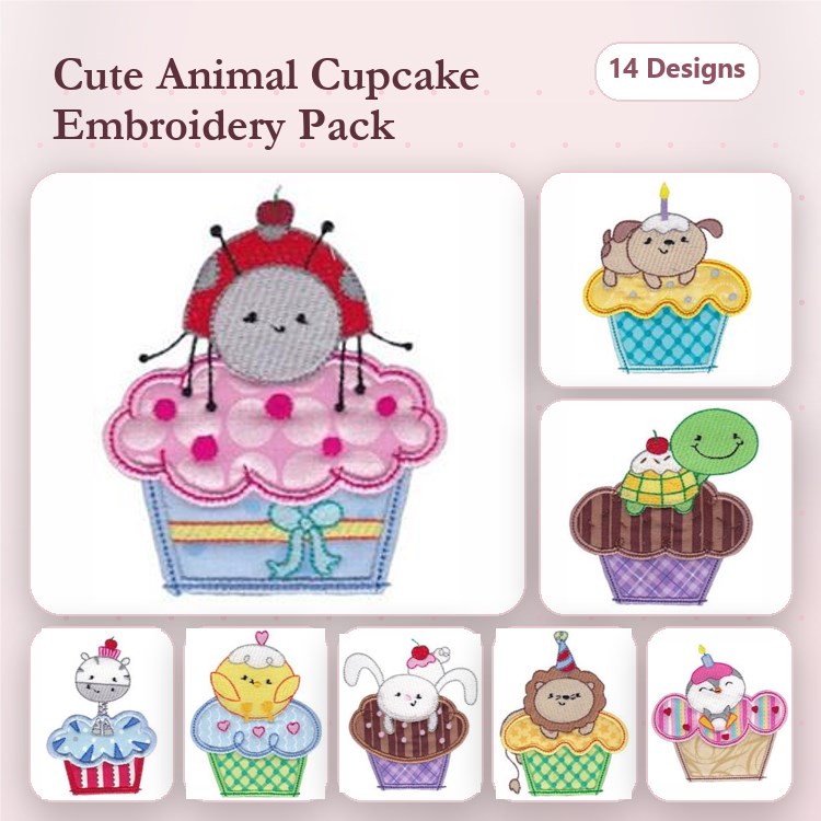 Cupcake Embroidery Bundle – Cute Animal Designs (14 Designs)