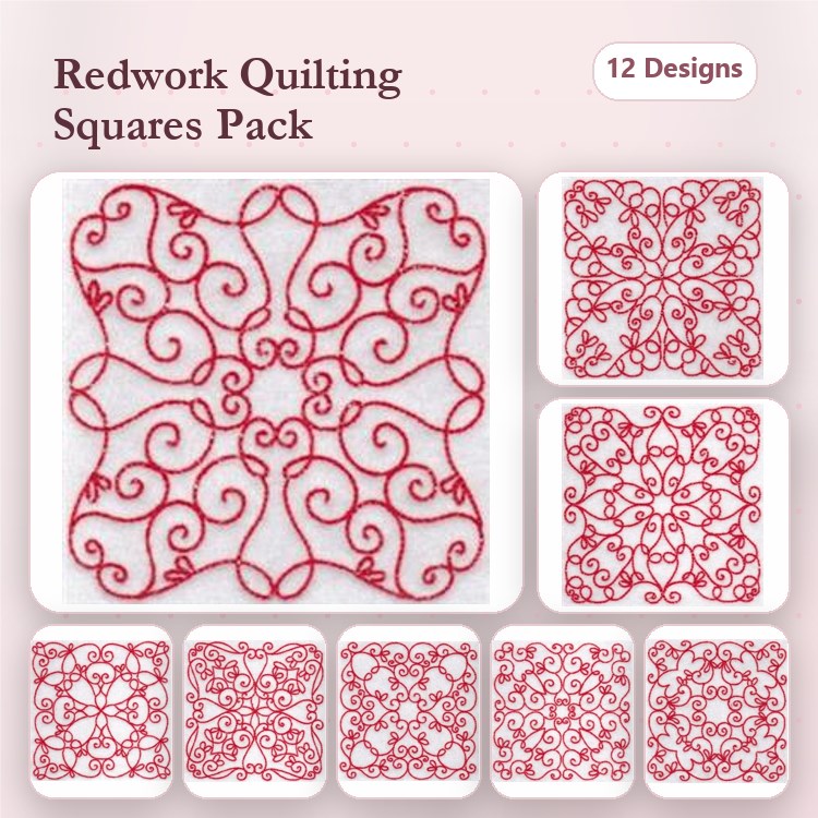 Redwork Quilting Squares Embroidery Designs Bundle – Ornate Swirls, Floral Motifs, Geometric Shapes & More (12 Designs)