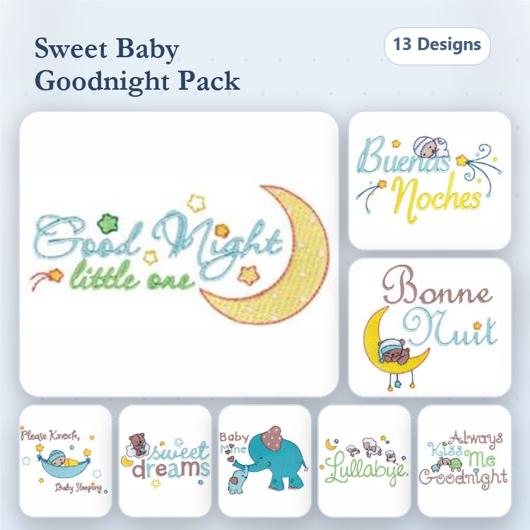 Goodnight Phrases Embroidery Designs Bundle – Good Night Little One, Sweet Dreams, Lullaby & More (13 Designs)