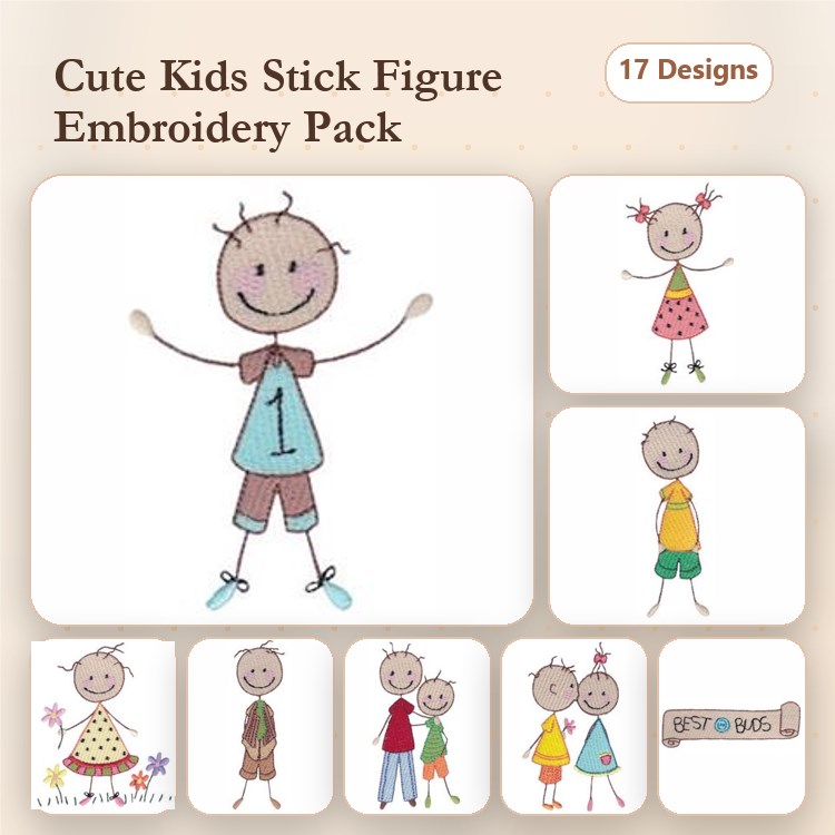 Cute Kids Stick Figures Embroidery Designs Bundle – Stick Figure Girl in Pink Dress, Stick Figure Boy with Number 1 & More (17 Designs)