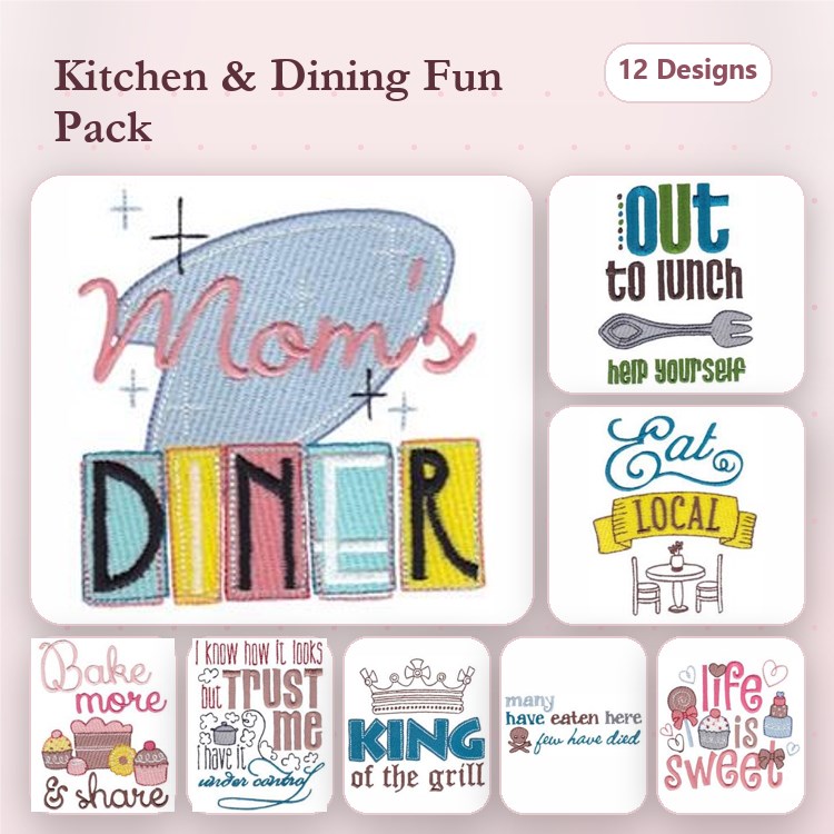 Kitchen & Dining Embroidery Designs Bundle – Mom's Diner, Out to Lunch Sign, Help Yourself Sign & More (12 Designs)