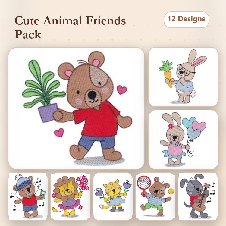 Animal Embroidery Bundle – Cute Bears, Rabbits, Lions & Cats (12 Designs)