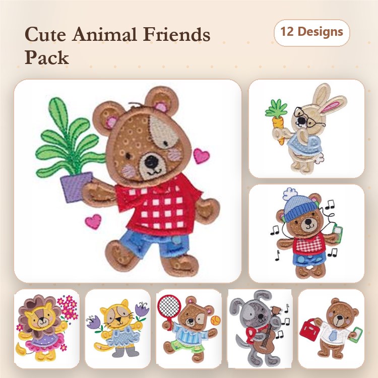 Animal Friends Embroidery Bundle – Cute Characters (12 Designs)