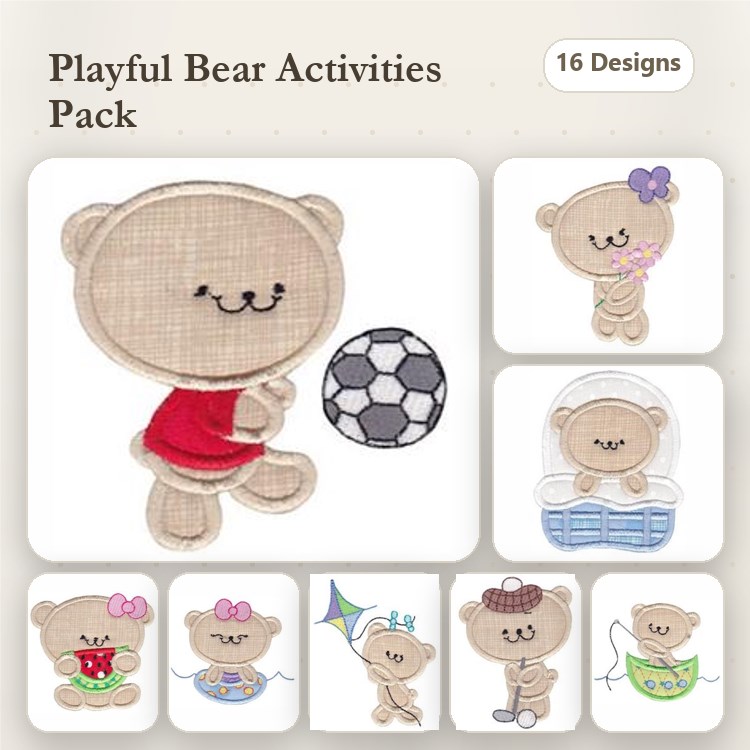 Applique Playful Bear Embroidery Designs Bundle – Bear Playing Soccer, Bear with Flowers & More (16 Designs)