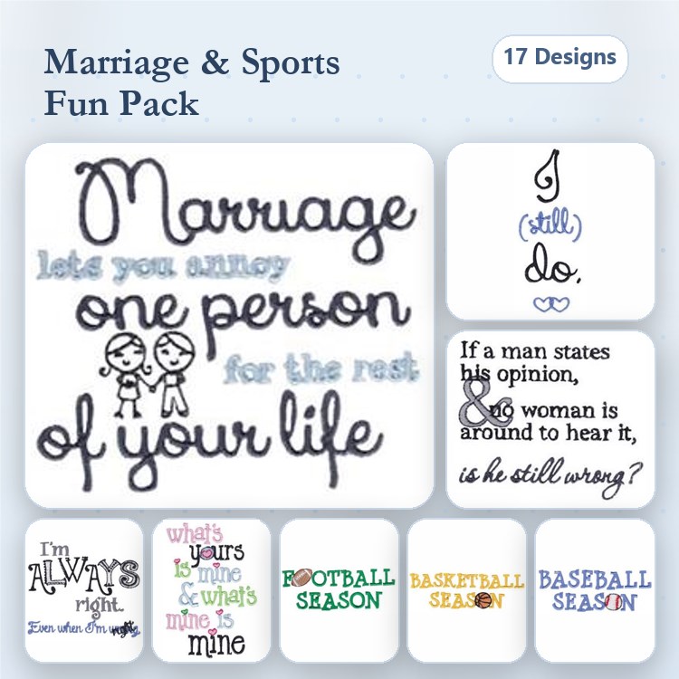Marriage & Sports Embroidery Designs Bundle – I (still) do, Football Season, Basketball Season & More (17 Designs)
