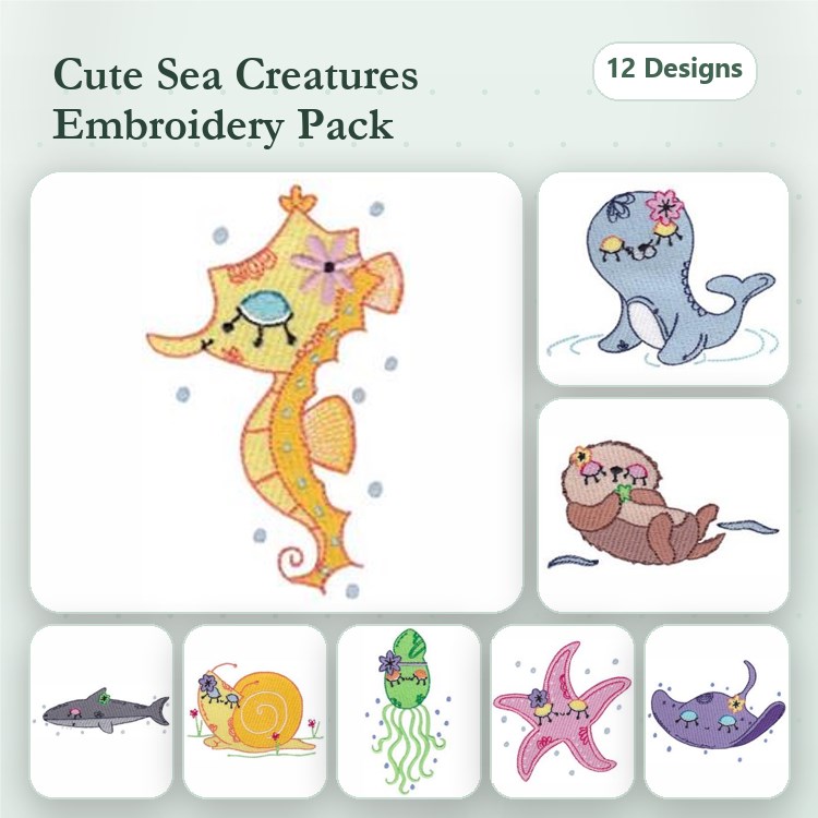 Cute Sea Creatures Embroidery Designs Bundle – Seahorse, Narwhal, Sea Otter & More (12 Designs)