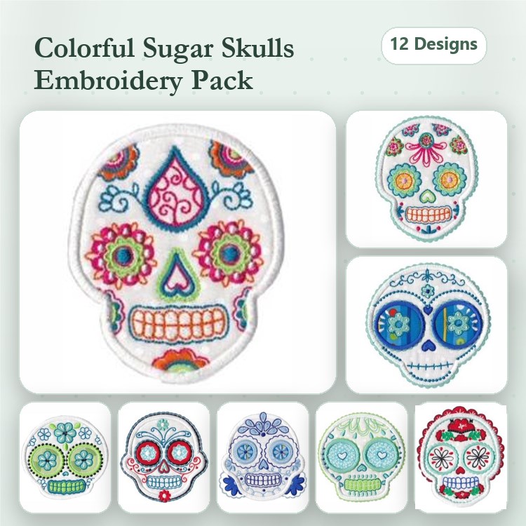 Applique Colorful Sugar Skulls Embroidery Designs Bundle – Floral Design, Teardrop, Heart Eyes & More (12 Designs)