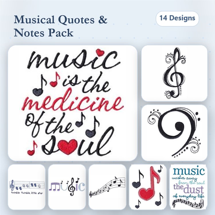 Musical Quotes & Notes Embroidery Designs Bundle – Music is the Medicine, Treble Clef, Musical Note with Heart & More (14 Designs)