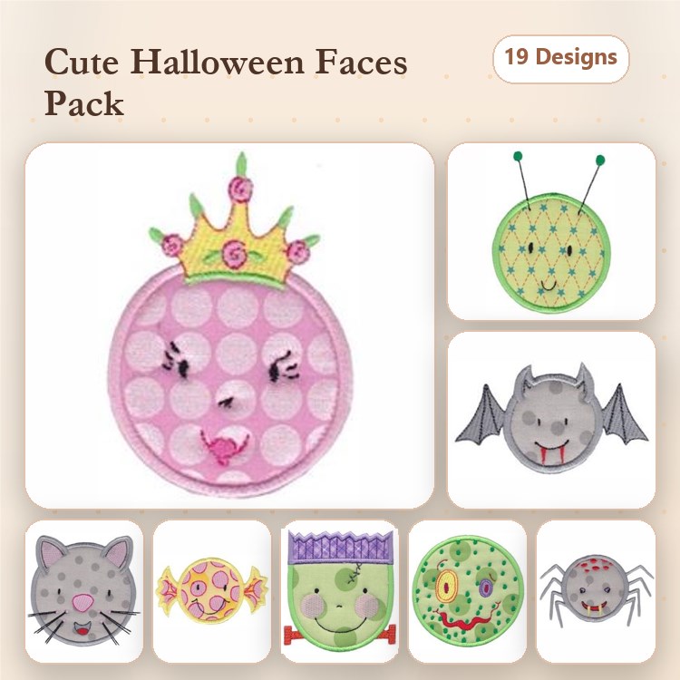 Applique Halloween Faces Embroidery Bundle – Cute Cat, Cute Spider, Frankenstein & More (19 Designs)