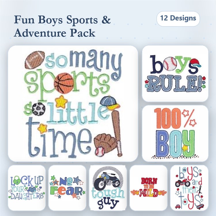 Boys Sports & Adventure Embroidery Designs Bundle – So Many Sports So Little Time, Boys Rule, Baseball Player & More (12 Designs)