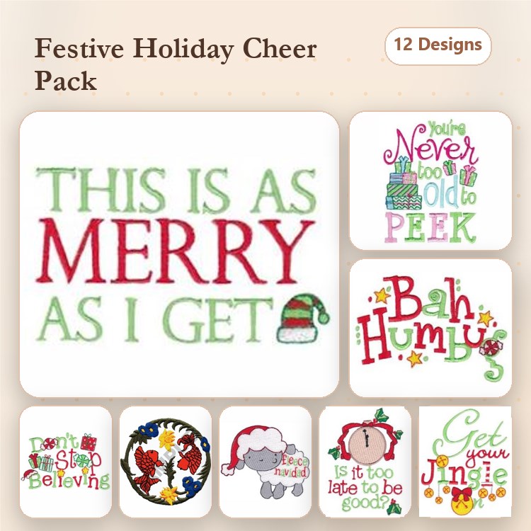 Festive Holiday Sayings Embroidery Designs Bundle – This Is As Merry As I Get, Bah Humug, Jingle & More (12 Designs)