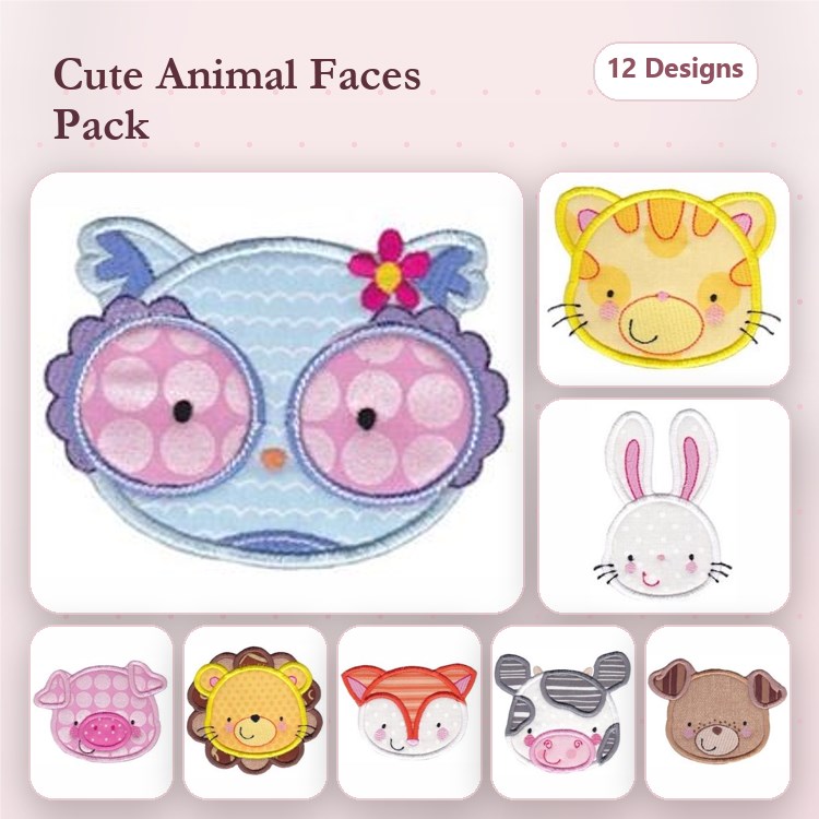Animal Faces Embroidery Bundle – Cute Designs (12 Designs)