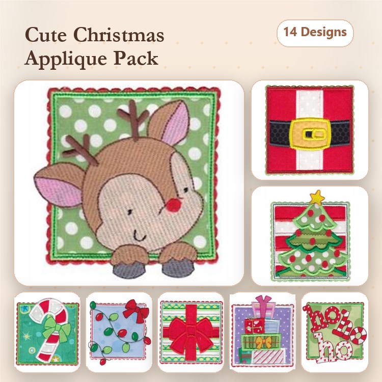 Applique Cute Christmas Embroidery Designs Bundle – Reindeer, Santa Belt, Christmas Tree & More (14 Designs)