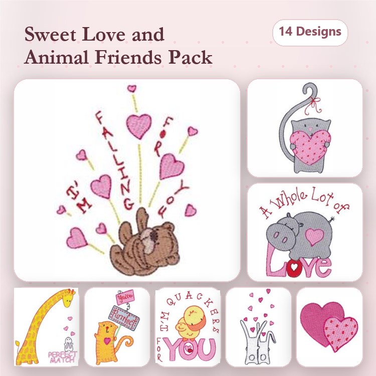 Love & Animals Embroidery Designs Bundle – Falling for You Bear, Cat with Heart, Hippo with Heart & More (14 Designs)