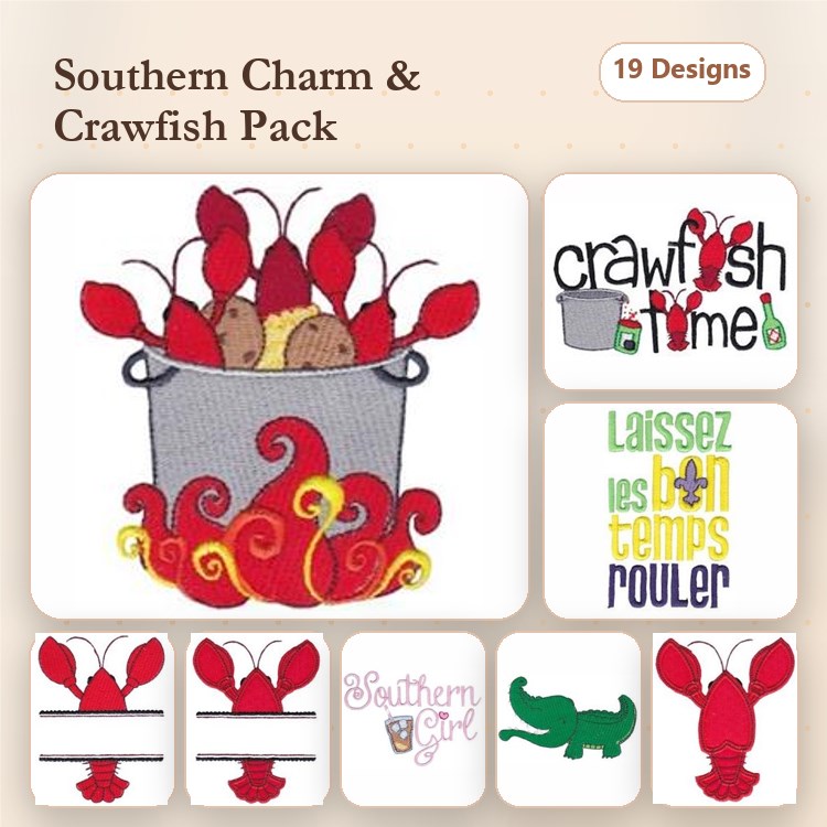 Crawfish & Southern Charm Embroidery Designs Bundle – Crawfish in Pot, Laissez Les Bons Temps Rouler & More (19 Designs)