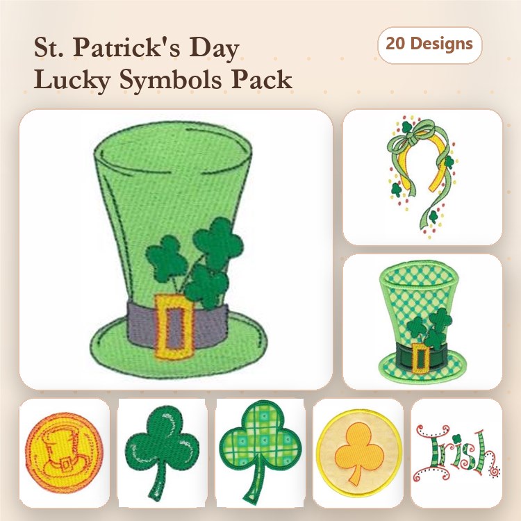 St. Patrick's Day Symbols Embroidery Designs Bundle – Green Leprechaun Hat, Shamrock, Gold Coin & More (20 Designs)