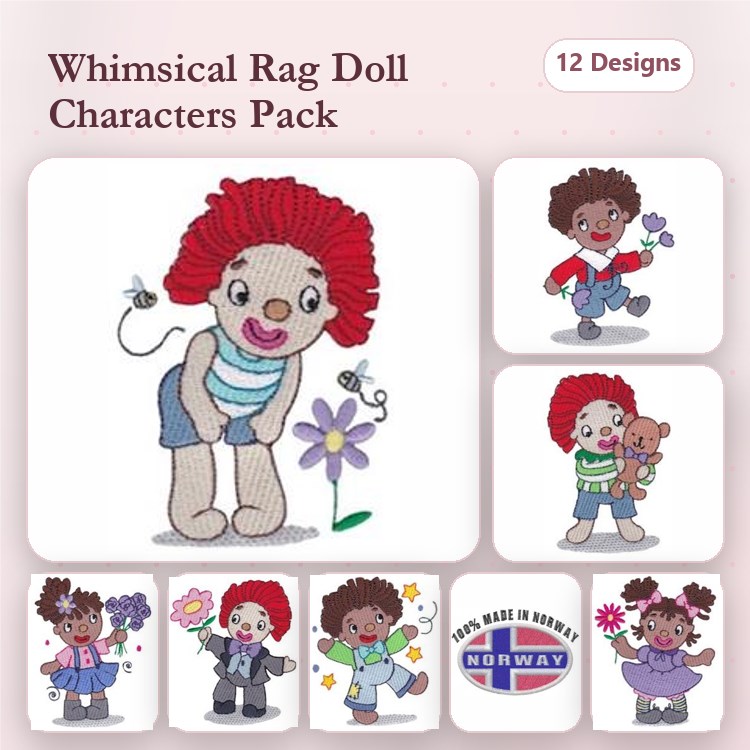 Whimsical Rag Doll Characters Embroidery Designs Bundle – Girl Rag Doll with Flower, Boy Rag Doll with Teddy Bear & More (12 Designs)