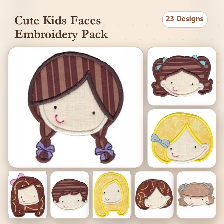 Applique Cute Kids' Faces Embroidery Bundle – Girl with Brown Hair and Stripes, Girl with Pigtails, Girl with Yellow Hair & More (23 Designs)